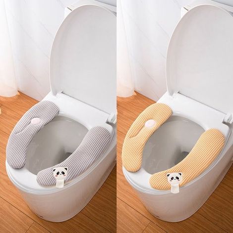 Set mit 2 Paar weichen WC-Sitzkissen mit Panda-Motiv (Grau & Gelb) – Universell wärmeerhöhend mit Abzieher