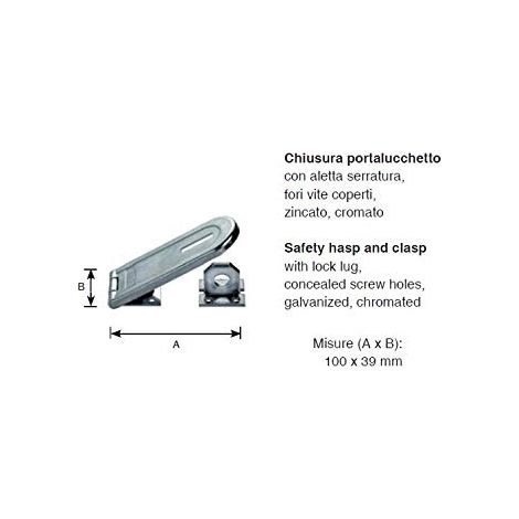 Masidef, DY2204541, Chiusura portalucchetto con aletta serratura, fori vite coperti, zincato, cromato 100x39mm