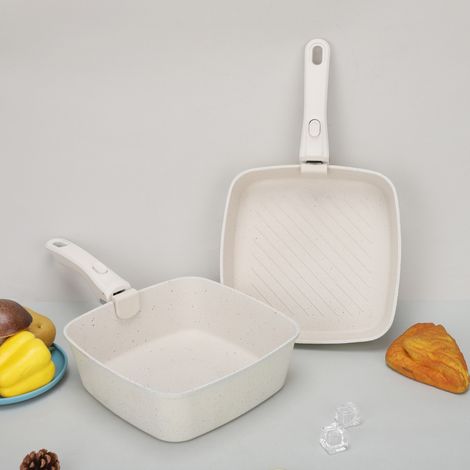 Poêle à griller 24x 24 cm avec poignée amovible, Poêle à steak en avec revêtement anti-adhésif,lavable au lave-vaisselle et résistant au four (blanc)