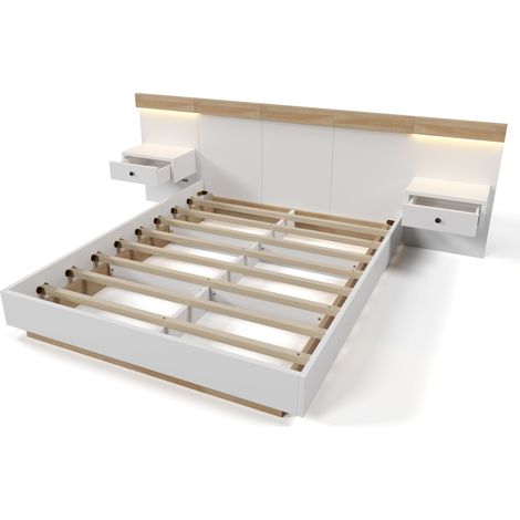 Letto matrimoniale 140 x 200 cm con 2 comodini LED e presa USB-C, bianco rovere Sonoma (1/5)