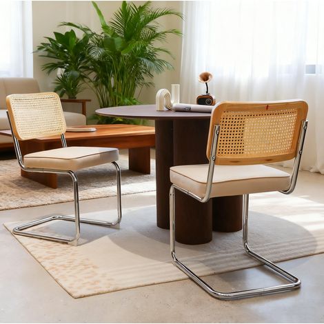 Chaise de salle a manger en rotin et velours beige avec structure chrome, empilable (1/5)