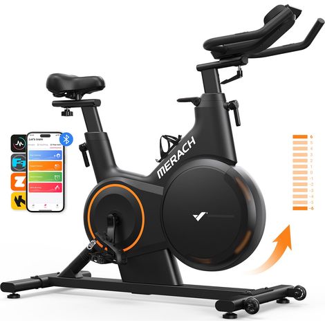 Merach – Vélo d'appartement 16 niveaux de résistance magnétique – Inclinaison automatique ± 6% – Écran LED – Bluetooth – Charge max 160 kg – Silencieux