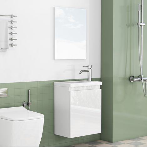 Mobile lavabo sospeso 39,8x24,8x48 cm MDF bianco lucido con specchio salvaspazio – MEUBLIV (1/5)