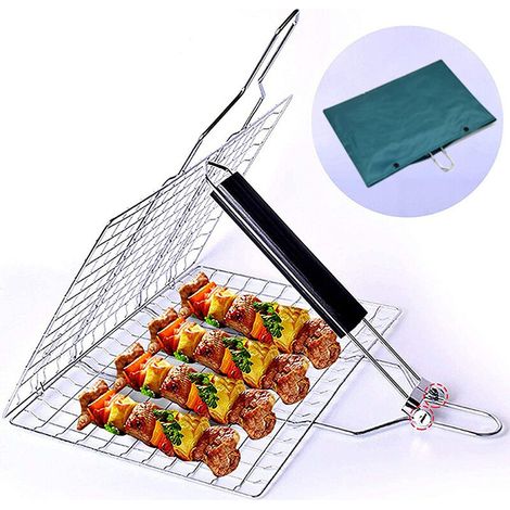 Panier à Griller, Panier de Barbecue En Acier Inoxydable, Panier Grille pour Barbecue, Acier Inoxydable Pliable Panier à Poisson En Acier Inoxydable avec Poignée Amovible pour Poisson, Steak, Crevette (1/5)