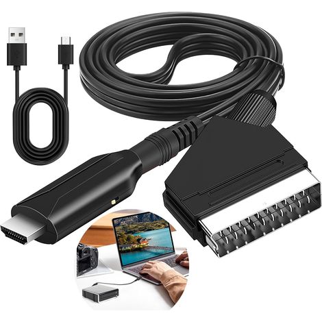 Convertisseur Péritel vers HDMI, Adaptateur Peritel vers HDMI avec Câble HD 1080p/720p Adaptateur Audio Vidéo Péritel Tout en Un Câble Péritel versHDMI pour HDTV STB VHS Xbox PS3 Sky DVD Blu-ray (1/5)
