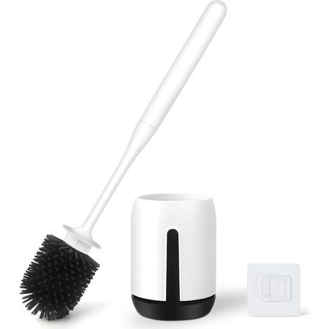 Silicone toilet brush with round head, wall-mounted or freestanding, antibacterial, quick-drying, long black handle (1/5)