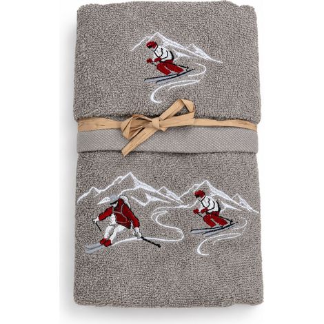 Set Asciugamani Tirolese Sciatori Tortora in Spugna 100% Cotone con Ricamo Made in Italy (1/5)