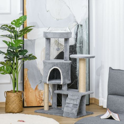 5-stöckiger Katzenkratzbaum mit Plattformen, Nest, Jute-Stäben, Leiter und Hängeball, Grau (1/5)