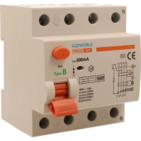RCCB Interruttore Differenziale Puro Tipo B 3P+N 4M 10000A 300mA AC 400V IP20 IEC61008-1 / IEC62423 PR8HM, Corrente Disponibili 25A 40A 63A 100A (25A)