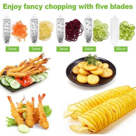Spiraliseur de légumes 5 en 1, coupe-spaghettis de légumes manuel multifonctionnel avec récipient de récupération sans BPA, trancheuse à légumes en spirale, coupe-légumes pour courgettes, carottes, ta (1/5)