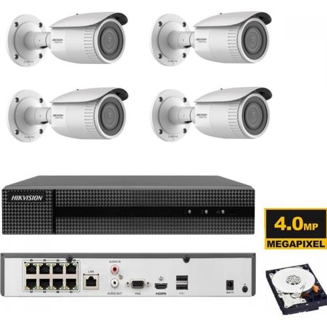 KIT videosorveglianza ip POE Hikvision Nvr 8 canali 4K 4 telecamere Varifocal 2.8-12mm 4 MP hdd 1TB