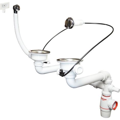 Ensemble bonde siphon Néo Air blanc évier 2 bacs avec anti-vide intégré, réglable, compact, zéro fuite (1/2)