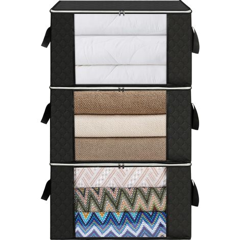 Sac de Rangement pour Vetement, 3PCS 90L pour Couette Pliables, Sac de Rangement Sous Lit avec Poignée Renforcée pour Couvertures Oreillers Jouets Vestes, 60x44x35CM Noir (1/5)