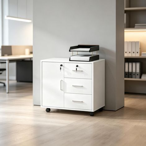 Armoire de rangement verrouillable pour bureau, avec 3 tiroirs, étagère réglable et roulettes (uniquement avec 1 armoire de rangement) (1/5)