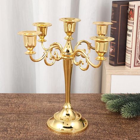 Chandelier en Laiton Doré 5 Branches, Bougeoirs Décoratifs pour Cheminée, Style Classique, Finition Or, Hauteur 30cm (1/5)