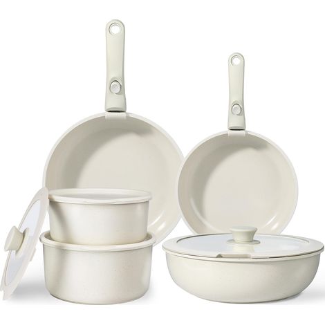 11 PCS Set Poele et Casserole Induction Antiadhésive en Granit, Blanc Batterie de Cuisine Tout Feux, Inclure Poêle/Casserole/Wok, Poignee Amovible pour Camping, Compatible Lave-vaisselle et Fours (1/5)