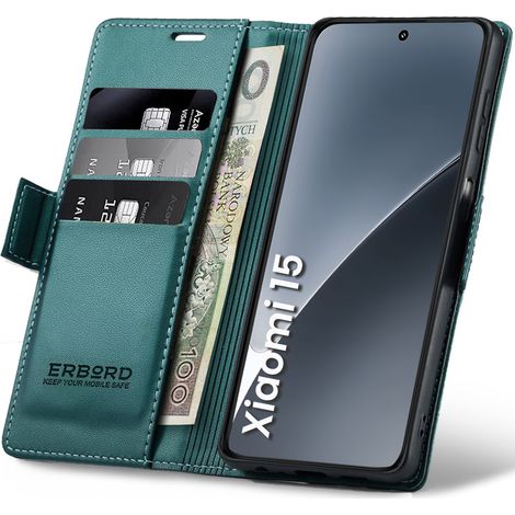 Funda para Xiaomi 15, funda tipo cartera brillante con tapa, color lichi, verde. (1/5)