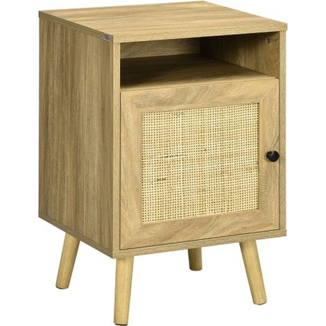 Natural Rattan Bedside Table with Shelf and Cupboard,Stylish Side End Table for Storage,39cmx35cmx60cm