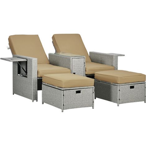 5PC PE Rattan Sun Lounger, Outdoor Wicker 5-level Adjustable Recliner Sofa Bed with Storage Side Table and Footstools, for Patio, Garden, Poolside, Beige