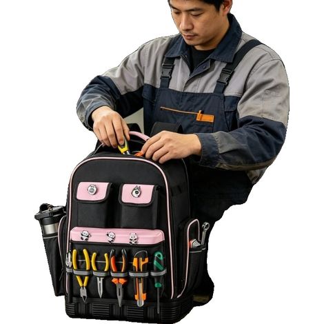Mochila portaherramientas, tamaño 33 x 20 x 49 cm, capacidad máxima 31,75 kg, 56 bolsillos para herramientas, compartimento integrado para portátil, base resistente a los golpes. (1/5)