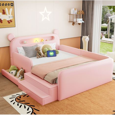 Lit enfant 140 x 200 cm rembourré en cuir régénéré rose, tête de lit ours avec veilleuse et USB, rangement intégré, côtés surélevés et assise, pour chambre fille ou garçon – CHICFURN (1/5)