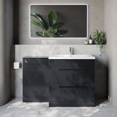 Napoli 460 Gloss Grey 1300mm 2 Drawer Vanity Unit Toilet Suite with Glide Basin - 1300mm - Chrome 480mm HandleWithout Kingston Toilet Pan