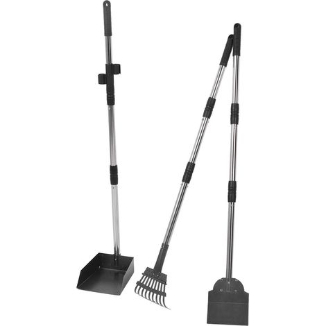 Ramasse-crottes pour chien avec manche long réglable, plateau, râteau et pelle, ensemble portable pour ramasser les déjections animales, facile d'entretien, noir (1/5)