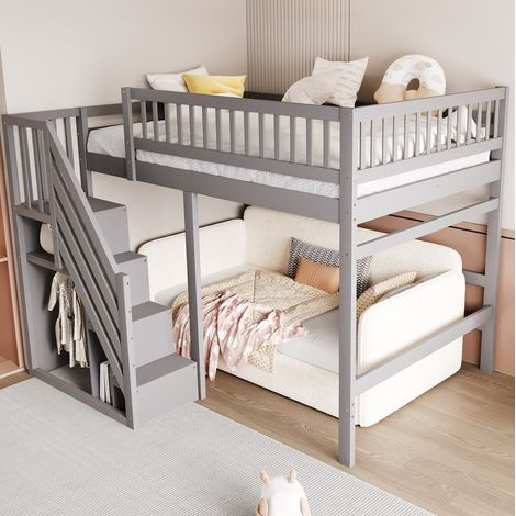 Lit mezzanine enfant 205x192x173 cm en bois gris, rangement intégré, sans matelas – MEUBLIV (1/5)