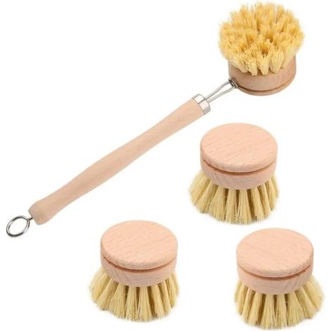 Brosse a Vaisselle De Cuisine, Brosse À Vaisselle Longue Manche,Brosses De Nettoyage En Bois Avec 3 Têtes De - 1Set (1/3)