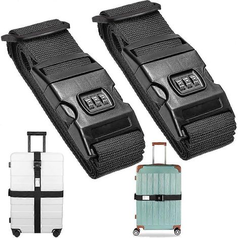 Lot de 2 sangles noires pour valise, 1,9 m x 5 cm, réglables, avec cadenas à combinaison et boucle. (1/5)