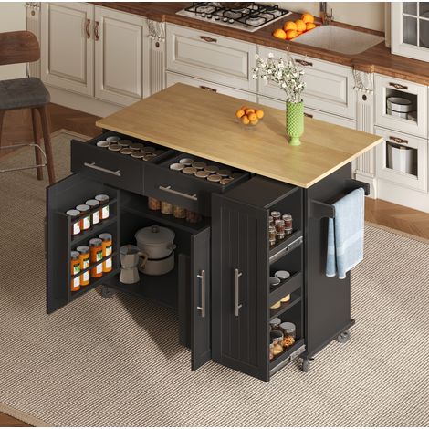 Isola da cucina mobile 120x65x90 cm in MDF nero e naturale con contenitore FloraGrace (1/5)