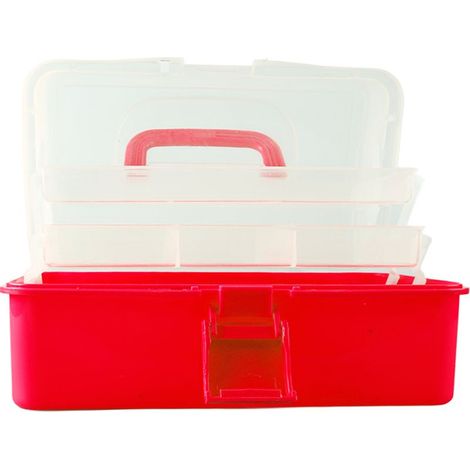 Boîte de rangement 3 couches en plastique pliable, boîte à outils portable avec poignée, organisateur polyvalent pour accessoires d'art, artisanat et cosmétiques, rouge (1/5)