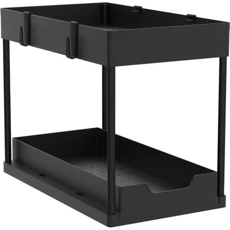 Boîte de rangement à deux niveaux avec panier coulissant, boîte de rangement multifonctionnelle sous évier, noire. (1/2)