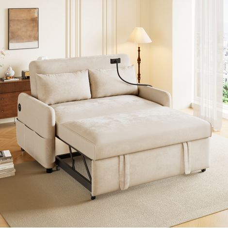 Schlafsofa 129x76x81 cm Beige Chenille mit Schlaffunktion, USB-Anschluss und verstellbarer Rückenlehne (1/5)