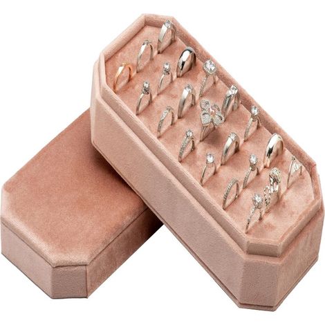 Boîte à bijoux en velours Irovami avec plateau de rangement - Présentoir octogonal pour bagues et boucles d'oreilles, idéal pour les mariages, anniversaires et cadeaux de Noël, rose pêche. (1/5)