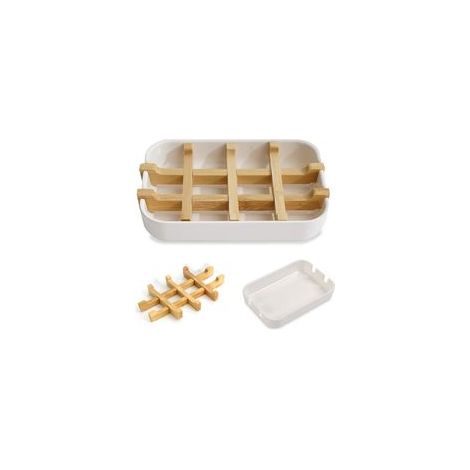 Jabonera de madera de bambú, jabonera de madera de bambú natural, caja para guardar jabón para la ducha, cesta cuadrada hecha a mano para jabón sólido para la ducha, fregadero de cocina (blanco)