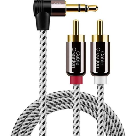 Câble 3,5 mm vers RCA mâle coudé 3,5 mm vers 2 x RCA mâle, audio stéréo auxiliaire et répartiteur plaqué or pour smartphones, MP3, tablettes, haut-parleurs, home cinéma, HDTV, environ 1 (1/5)