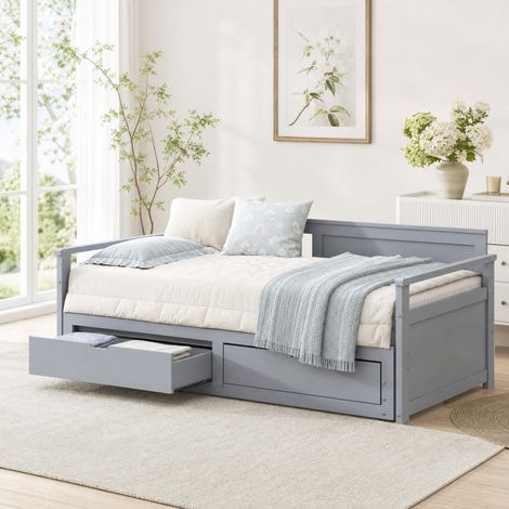 Cama nido infantil extensible 90x190 cm, 2 cajones, gris, madera, sin colchón FloraGrace (1/5)