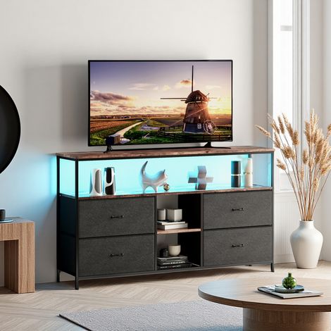 Meuble TV avec LED, 4 tiroirs en Tissu, 3 étagères - Buffet Bas Rangement Salon Chambre 137 x 29,8 x 78cm - Vintage (1/5)