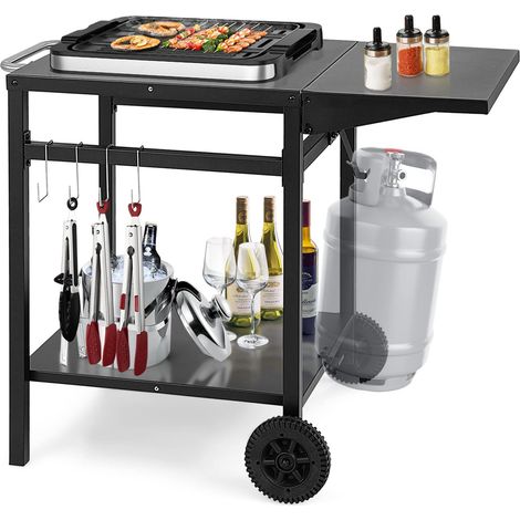 Goplus – Desserte de jardin chariot de barbecue 2 niveaux – Métal noir – 96,5x64x75cm – 4 crochets – Plateau pliant – 2 roues antidérapantes
