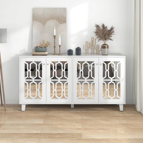 Buffet 160 x 40 x 84 cm, enfilade 4 portes avec miroir et étagères, poignées cristal, MDF et bois massif, pour salon, blanc (1/5)