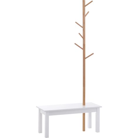 Panca con Appendiabiti da Ingresso, Attaccapanni da Terra in Bambù, Panca da Ingresso Bianca, Design, anche per Camera da Letto, 80x30x180cm, Bianco Legno