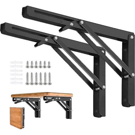 Lot de 2 supports d'étagère pliables en métal robuste, support triangulaire pliable pour étagère murale, charnière de table pliante, gain de place pour table de banc (1/5)