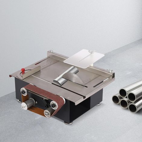 Mini scie de table - 200 W - 7 vitesses - Inclinable de 0 à 90° - 4 lames de scie en plastique - Profondeur de coupe de 33 mm - 10 bandes abrasives - Scie circulaire de table multifonction pour bois (1/5)