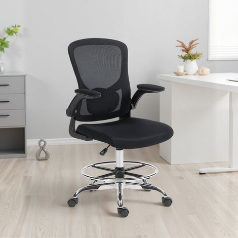 Ergonomischer Bürostuhl, Zeichenstuhl, 4D-Lordosenstütze, hochklappbare Armlehnen, 60 x 60 x 108–132 cm, schwarz (1/5)
