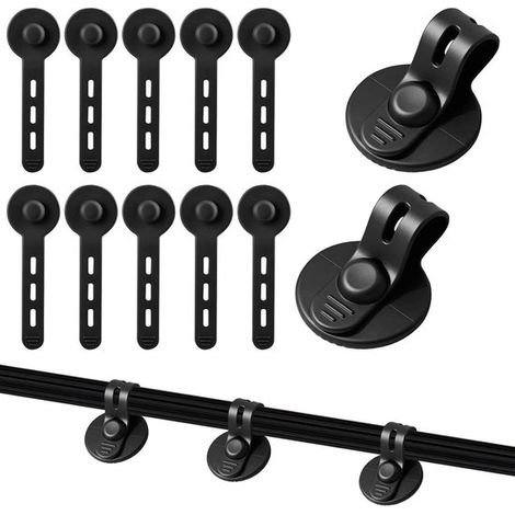 Clip per la gestione dei cavi - Fermacavi da scrivania - Organizzatori da scrivania - Materiale in silicone regolabile - Confezione da 12 - Nero (1/2)