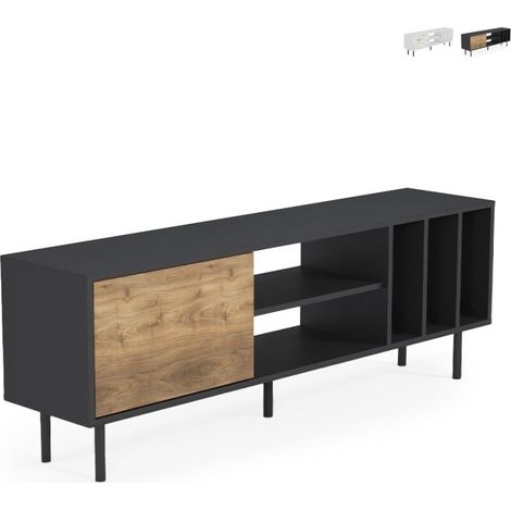 Mueble de TV moderno de 160 cm con puerta y estantes color blanco negro Kostan - Negro (1/5)