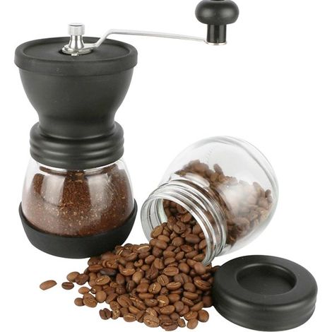 Ensemble de 4 mini moulins à café manuels avec meules coniques en céramique, réglage manuel de la mouture, comprenant deux récipients en verre et une brosse de nettoyage. (1/5)