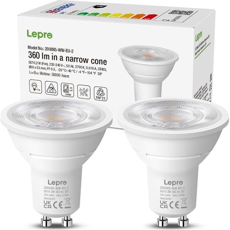 Ampoule GU10 Class A 2W 360lm Blanc Chaud Lot de 2 2W équivalent 50W, 38° faisceau, 2700K, non dimmable, économe, stable, douce et naturelle (1/5)