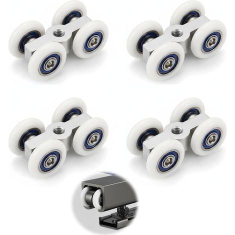 4 rulli per porte scorrevoli con filettatura M6, silenziosi, a 4 ruote, in lega di zinco, con cuscinetti a sfera, diametro 20 mm, colore argento.